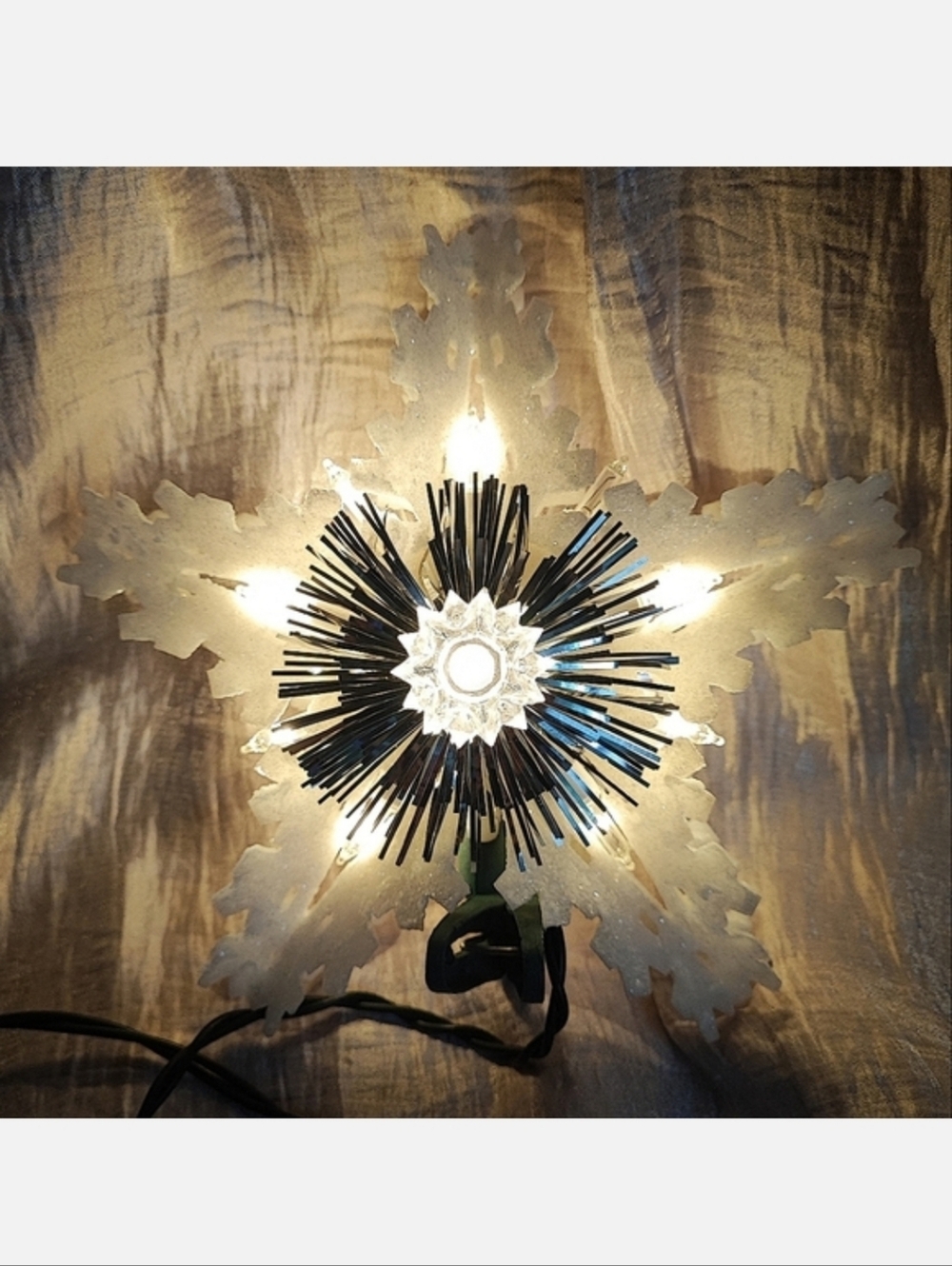 Vintage Double Sided White Star Snowflake Tinsel Light Up Christmas Tree Topper